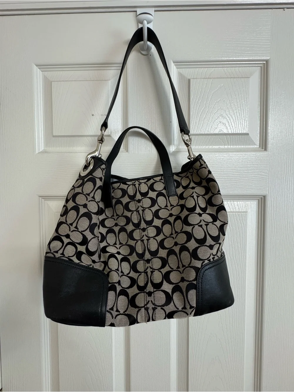 Coach Signature Canvas Shoulder Tote in Khaki and Black
